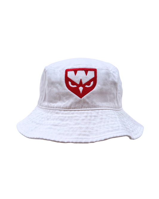 White bucket hat with a red logo on a white background