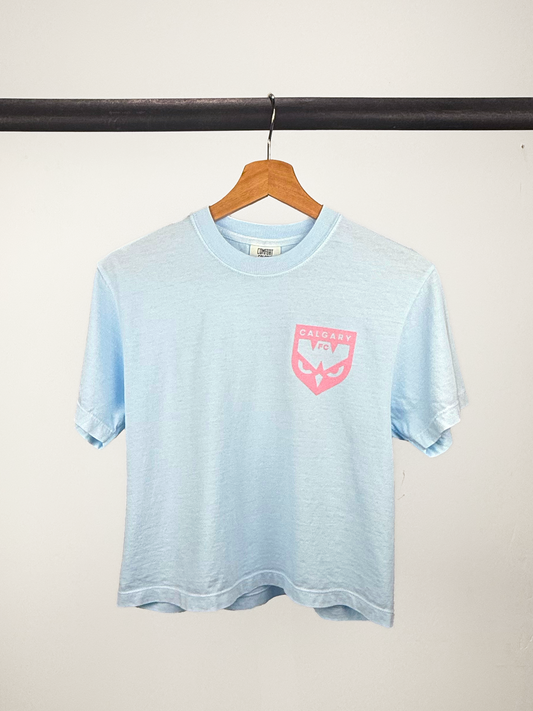 Light blue t-shirt with a pink logo on a hanger against a white background