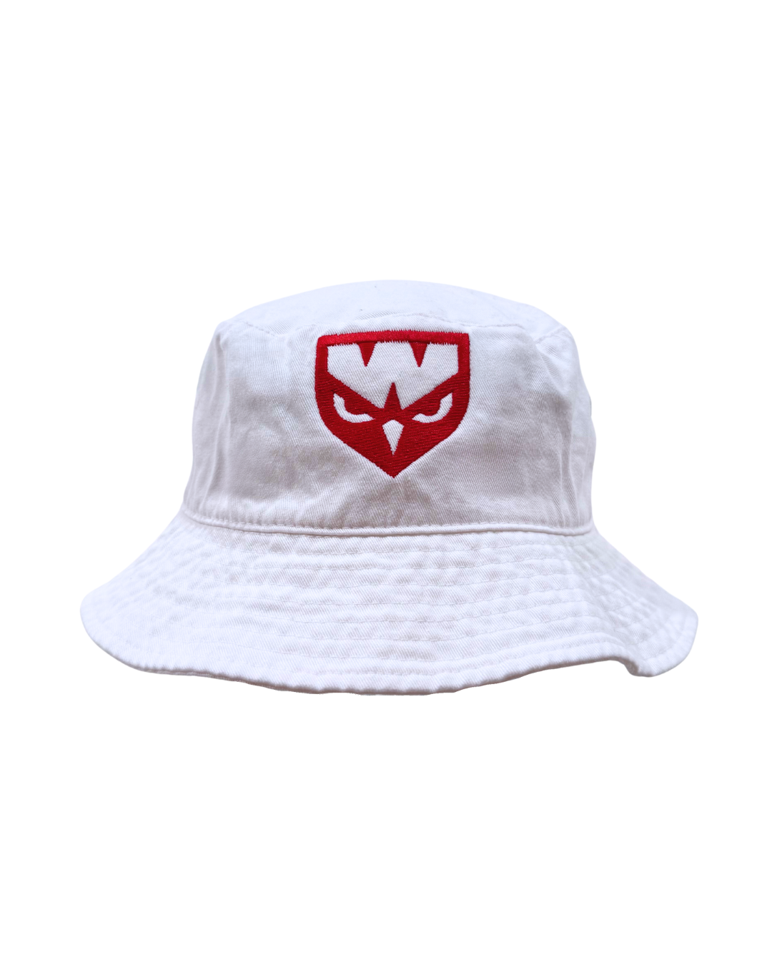 White bucket hat with a red logo on a white background