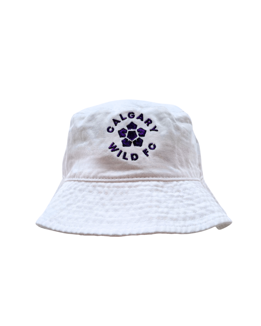 White bucket hat with 'Calgary Wildflowers' text and logo on a white background